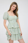 Strip Floral Puff Sleeve Tiered Mini Dress | Sage