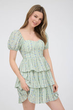 Strip Floral Puff Sleeve Tiered Mini Dress | Sage