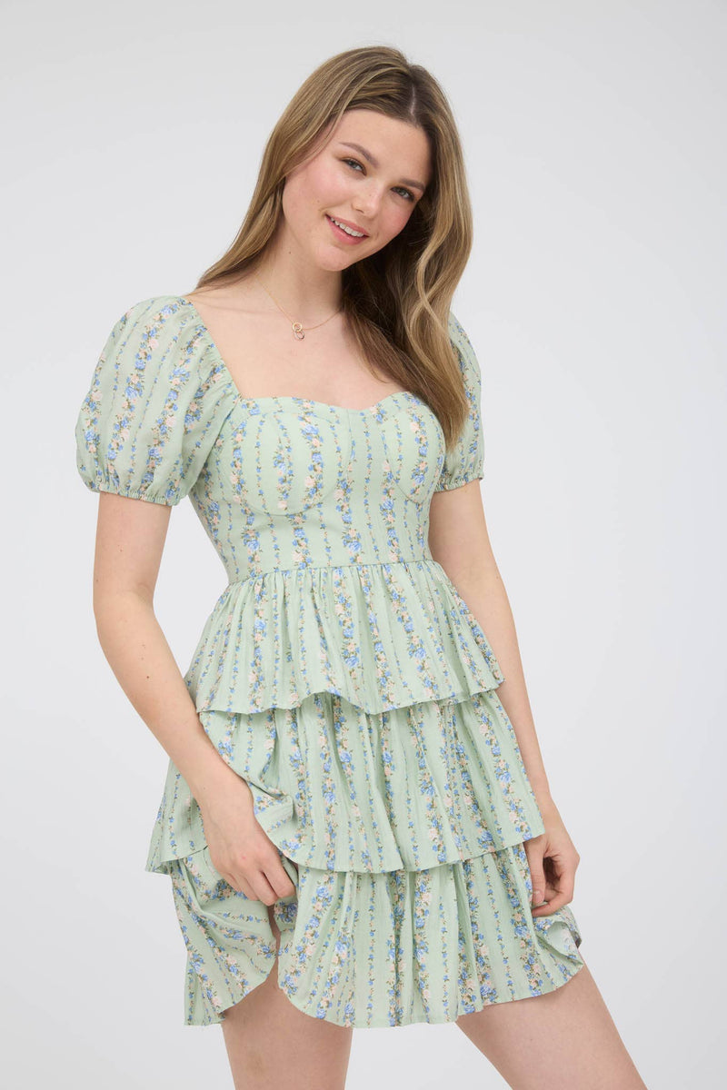 Strip Floral Puff Sleeve Tiered Mini Dress | Sage