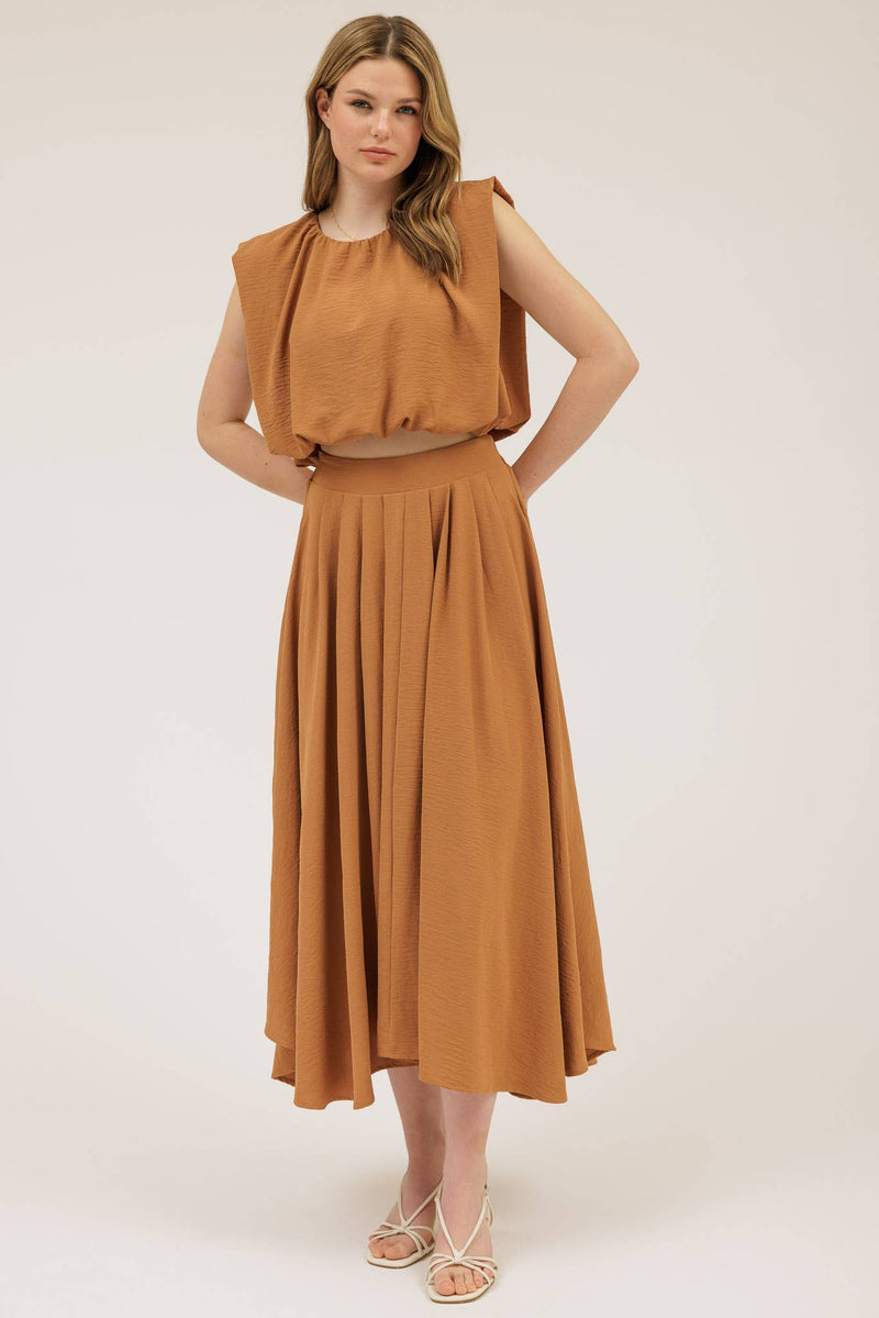 Boxy Pleated Midi Skirt | Camel