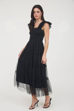 Garden Party Polka Dot Chiffon Tiered Midi Dress | Black