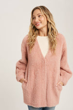 Fuzzy Knit Balloon Sleeve Jacket | Dusty Pink