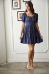 Square Neck Smocked Detail Tiered Mini Dress | Navy