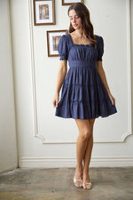 Square Neck Smocked Detail Tiered Mini Dress | Navy