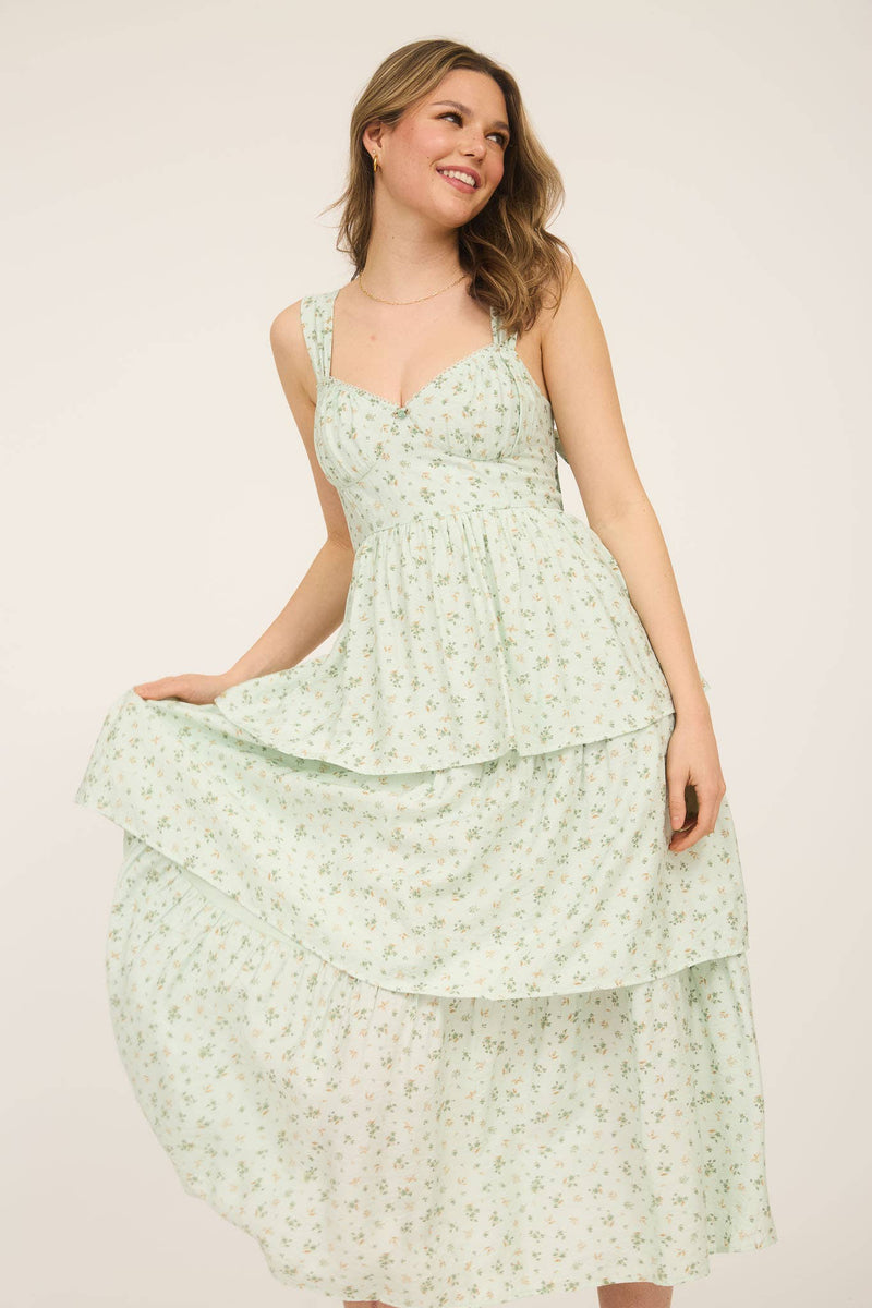 Corset Ruffle Tiered Midi Dress | Sage
