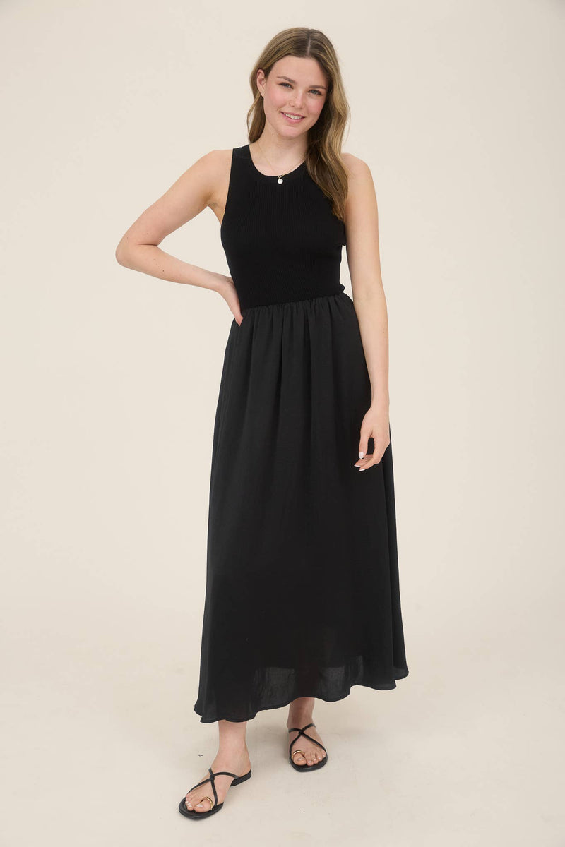 Knit Mix Media Sleeveless Midi Dress | Black