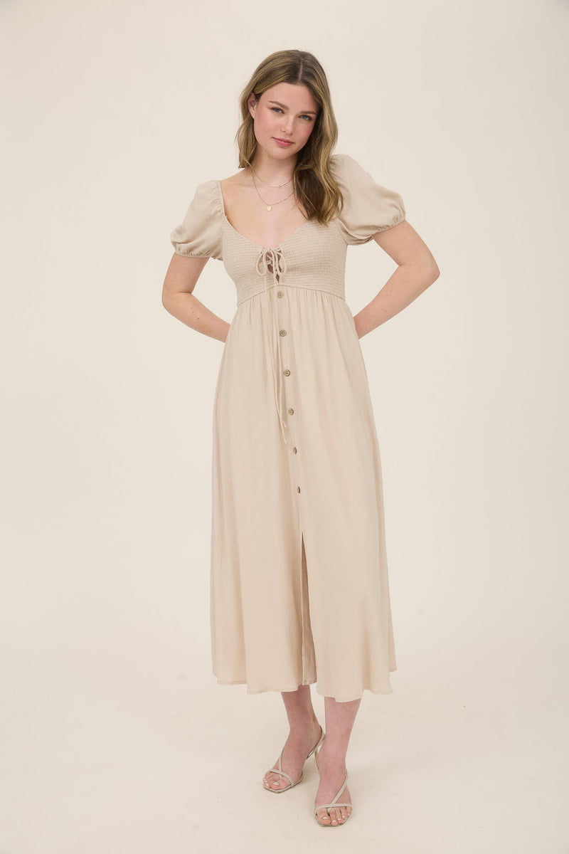 Smocked Front Tie Button Down Midi Dress | Khaki