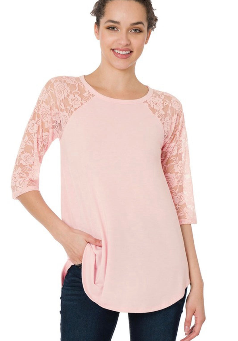 Curvy Lace Shoulder Long Sleeve Top | Dusty Pink