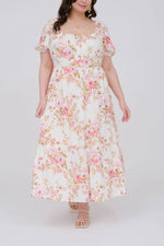 Curvy Floral Print Puff Sleeve Midi | Pink