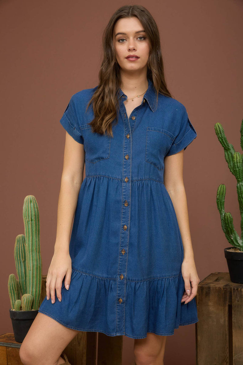 Dark Chambray Collared Button Down Shirt Dress