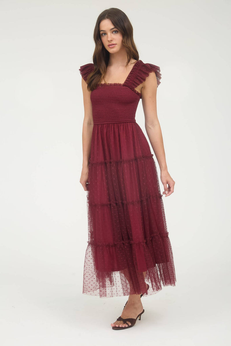 Garden Party Polka Dot Chiffon Tiered Midi Dress | Burgundy