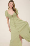 Smocked Front Tie Button Down Midi Dress | Khaki