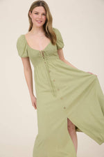 Smocked Front Tie Button Down Midi Dress | Khaki