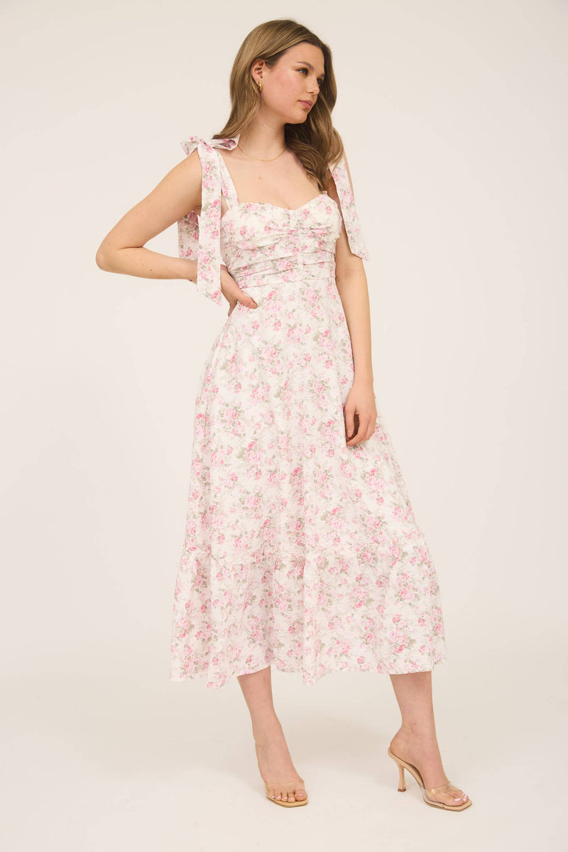 Floral Tie Strap Ruched Detail Maxi Dress | Pink