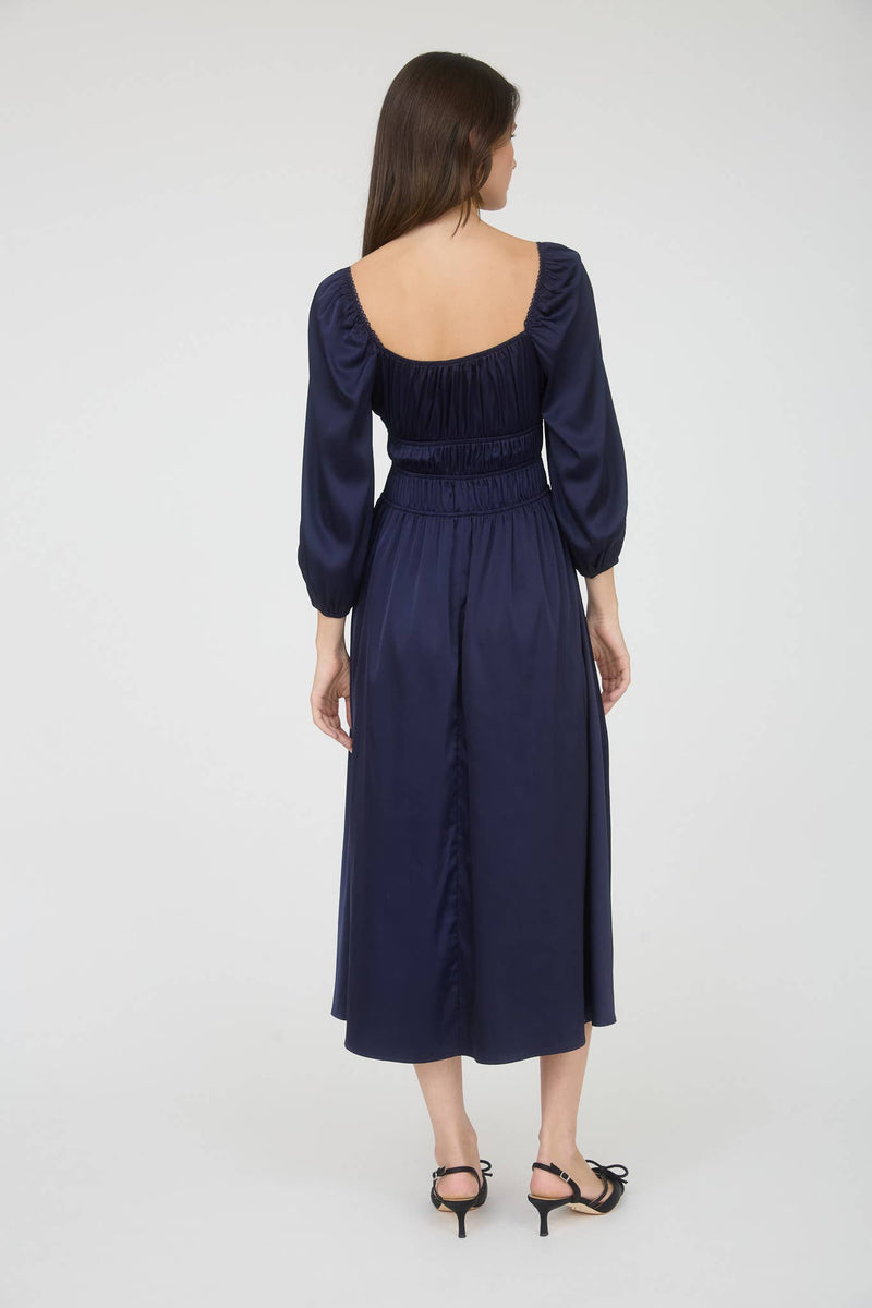 Satin Long Sleeve Shirred Waist Maxi Dress | Navy
