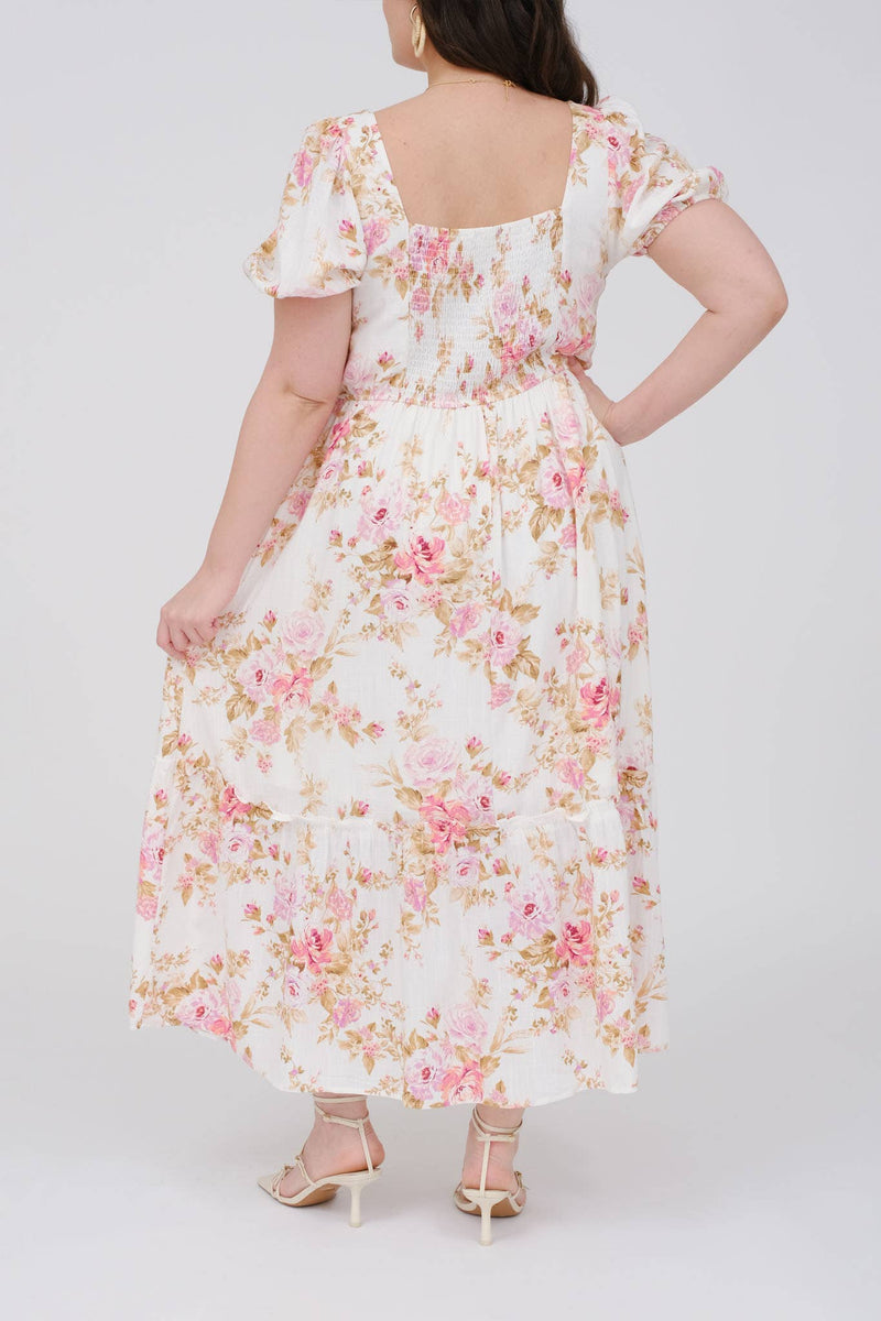 Curvy Floral Print Puff Sleeve Midi | Pink