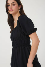 Solid Smocked Waist Balloon Sleeve Midi Dress | Black