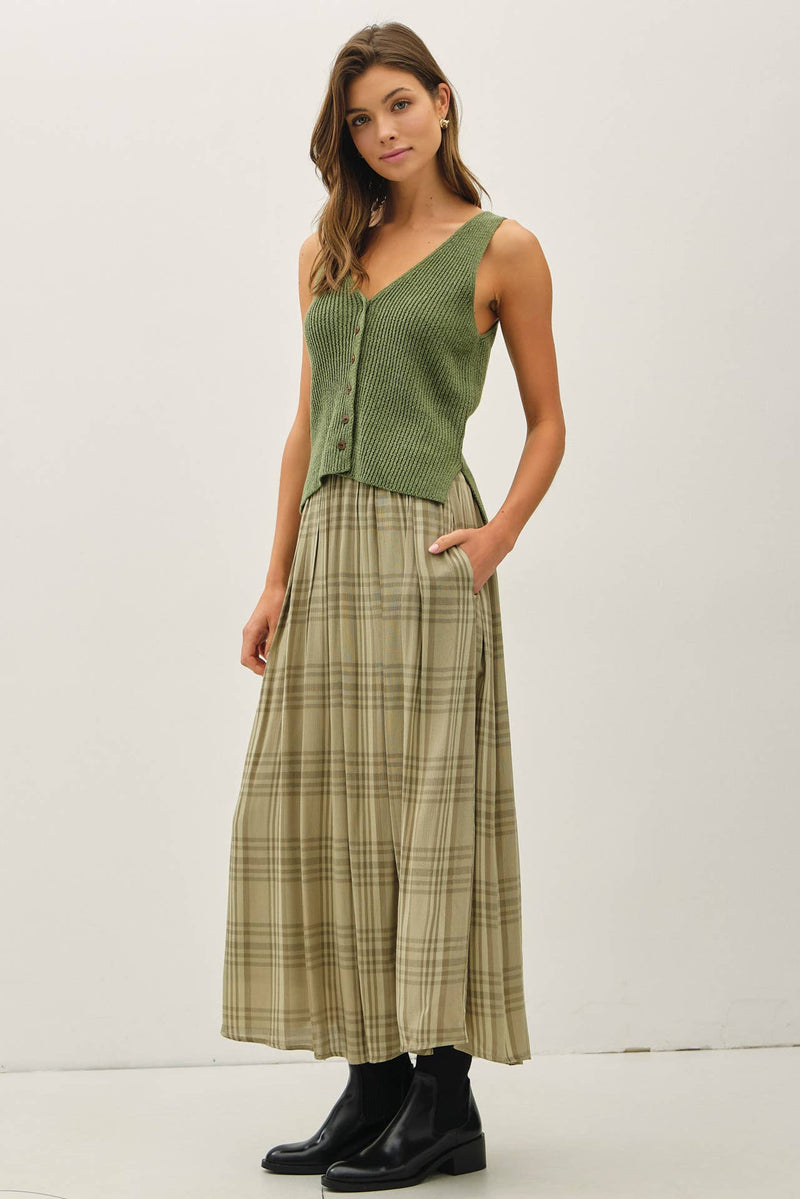 Plaid Printed Pleated Midi Skirt | Mocha