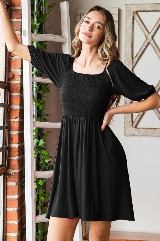 Smocked Babydoll Dress | Black