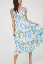 Floral Smocked Sleeveless Ruffle Tiered Dress | Blue