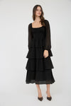 Long Sleeve Ruffle Tiered Midi Dress | Black