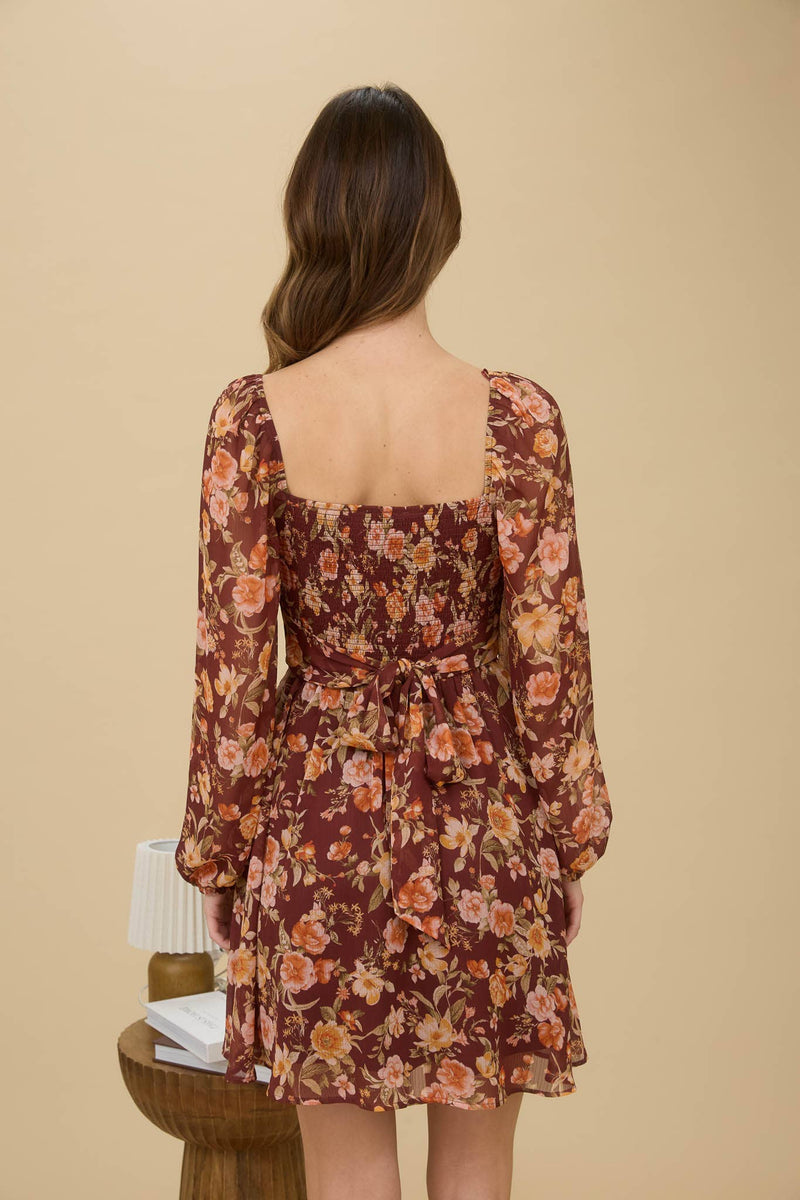 Floral Sweetheart Long Sleeve Mini Dress | Burgundy