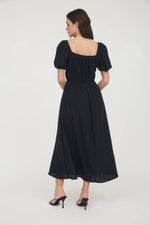 Solid Smocked Waist Balloon Sleeve Midi Dress | Black