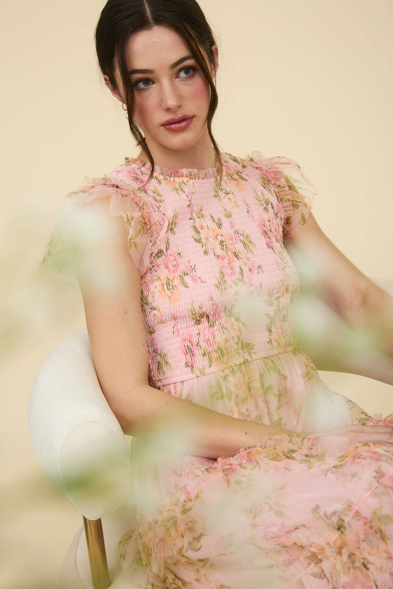 Floral Smocked Ruffle Detail Tiered Maxi Dress | Pink
