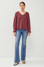 Chunky V-Neck Sweater | Wine