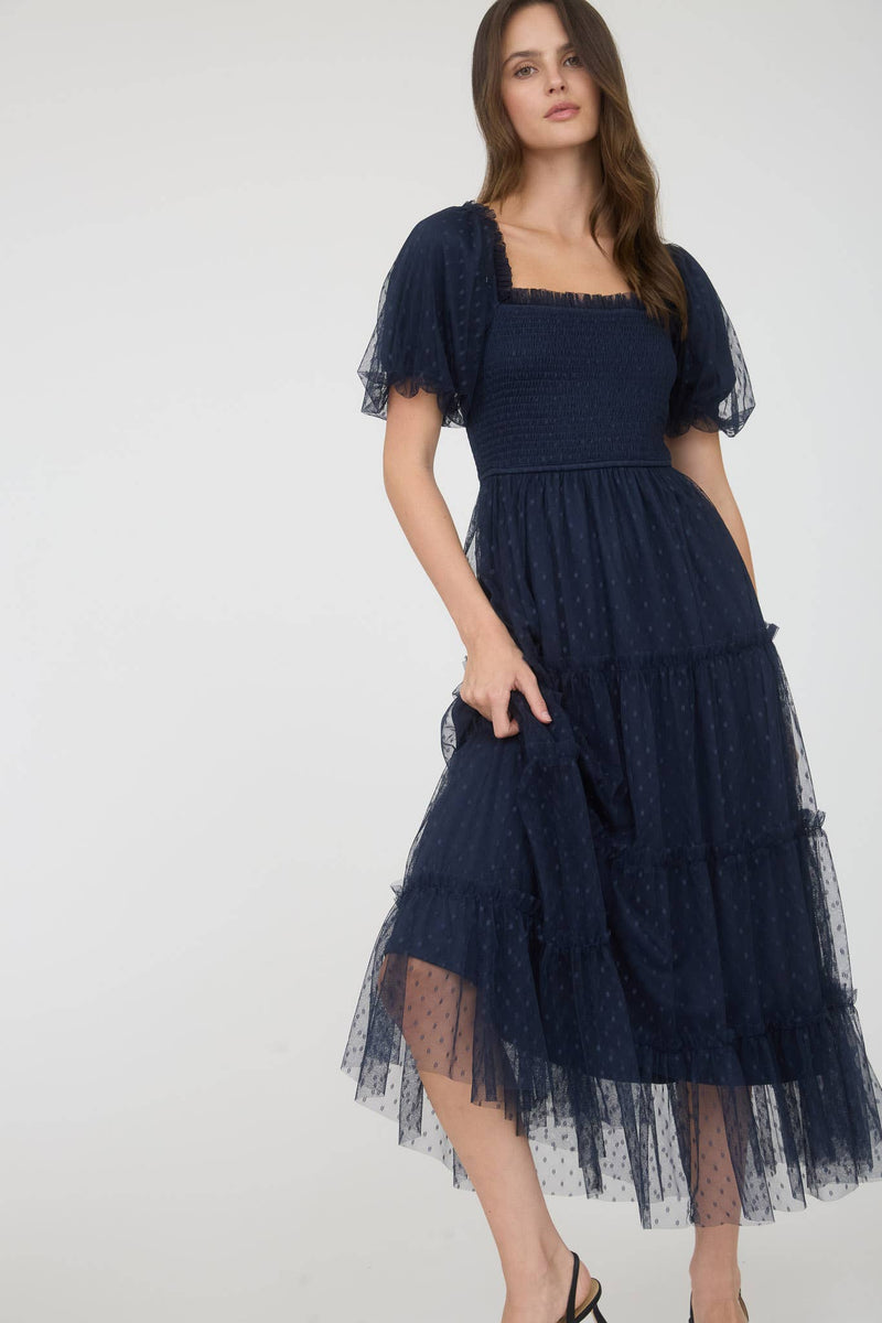 The Garden Party Puff Sleeve Midi Dress | Navy