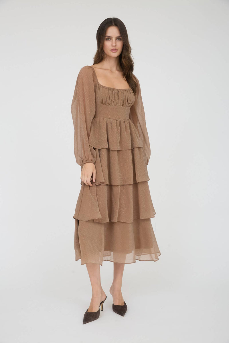 Long Sleeve Ruffle Tiered Midi Dress | Mocha