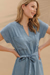 Belted Chambray Cuff Sleeve Shirt Dress