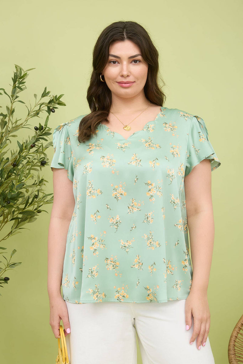 Curvy Floral Print V-Neck Scallop Satin Blouse | Dusty Mint