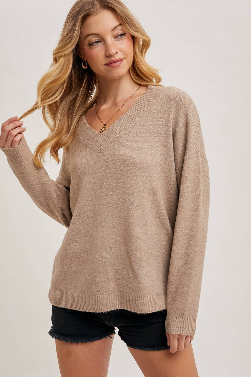 V-Neck Soft Knit Sweater Pullover | Latte