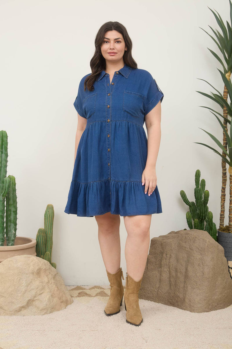 Curvy Dark Chambray Collared Button Down Shirt Dress