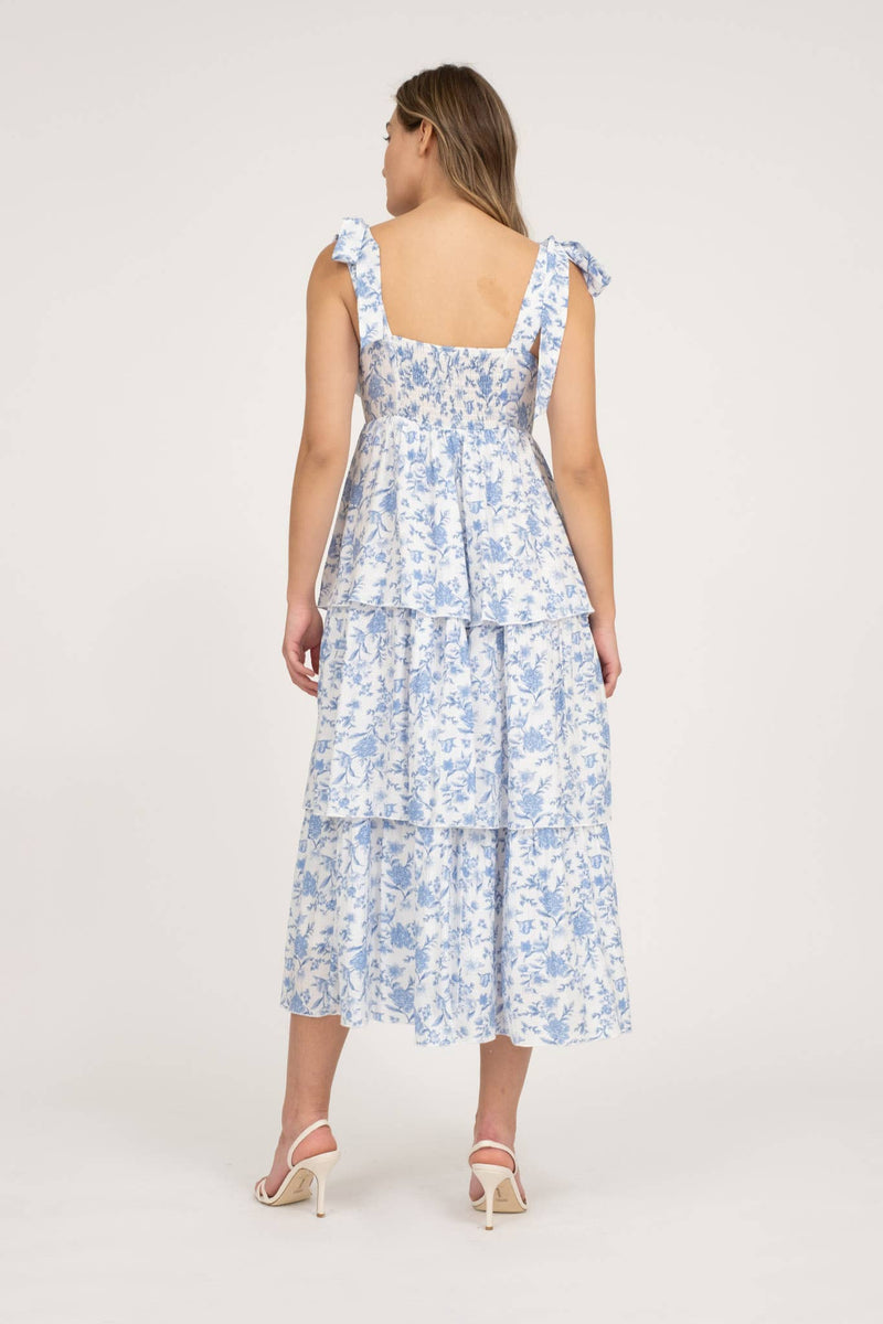 Floral Tie Strap Ruffle Tiered Midi Dress | Blue