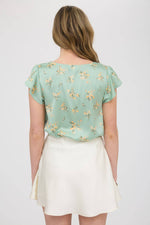 Floral Print V-Neck Scallop Satin Blouse | Dusty Mint
