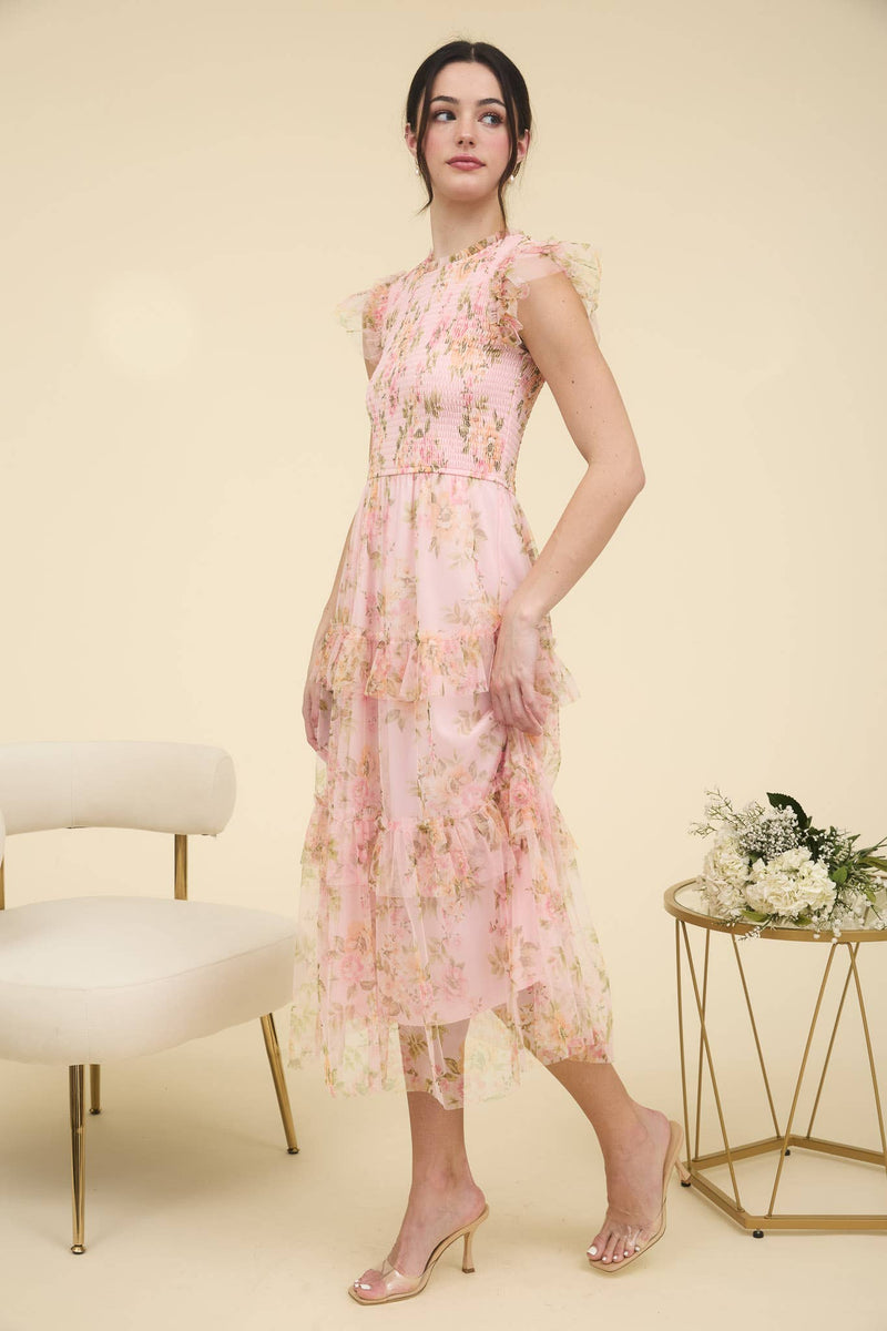 Floral Smocked Ruffle Detail Tiered Maxi Dress | Pink