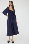Satin Long Sleeve Shirred Waist Maxi Dress | Navy