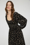 Floral Long Sleeve Velvet Midi Dress | Black