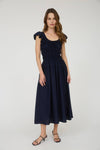 Shirred Bodice Ruffle Sleeve Midi Dress | Navy