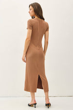 Ribbed Knit Short Sleeve Midi T-Shirt Dress | Toffee Brown