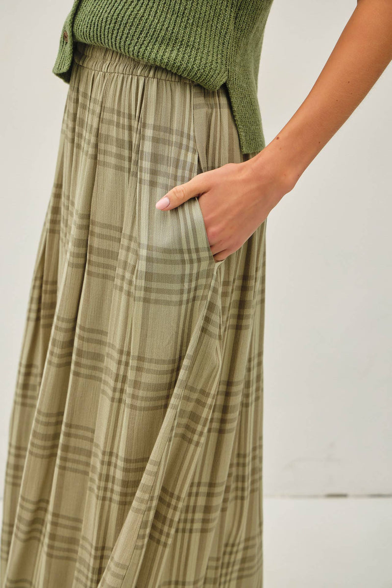 Plaid Printed Pleated Midi Skirt | Mocha