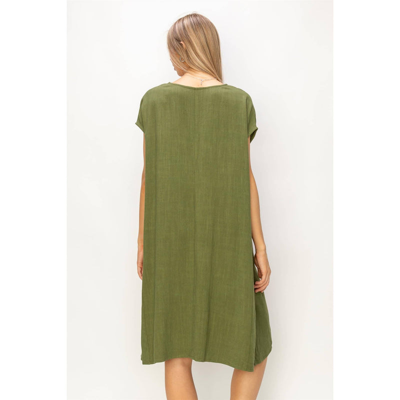 V-Neck Oversized Linen Midi Dress | Moss
