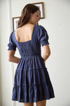 Square Neck Smocked Detail Tiered Mini Dress | Navy