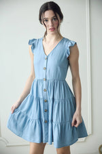 The Sara Chambray Button Down Tiered Mini Dress