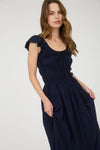 Shirred Bodice Ruffle Sleeve Midi Dress | Navy