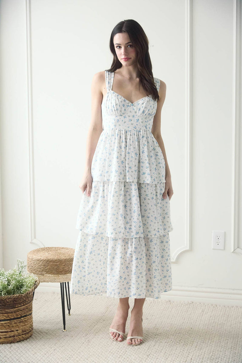 Corset Ruffle Tiered Midi Dress | Blue