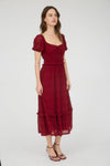 Shirred Chiffon Puff Sleeve Midi Dress | Deep Red