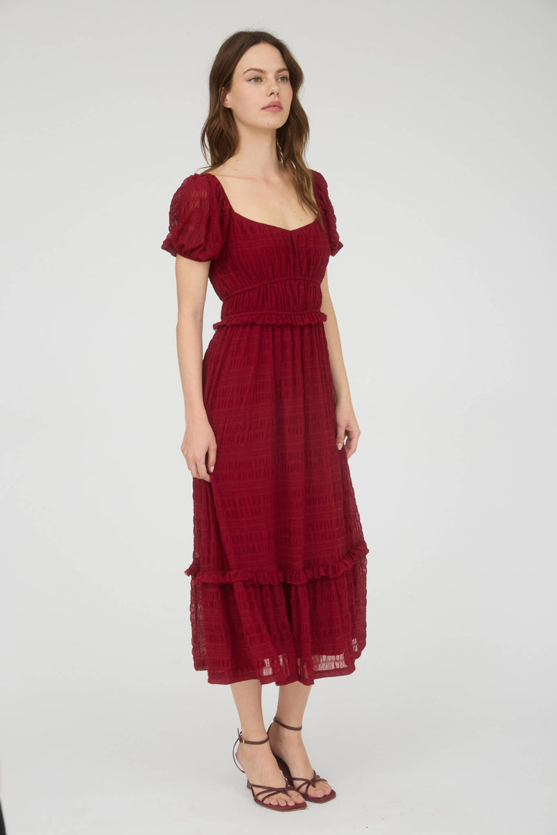 Shirred Chiffon Puff Sleeve Midi Dress | Deep Red